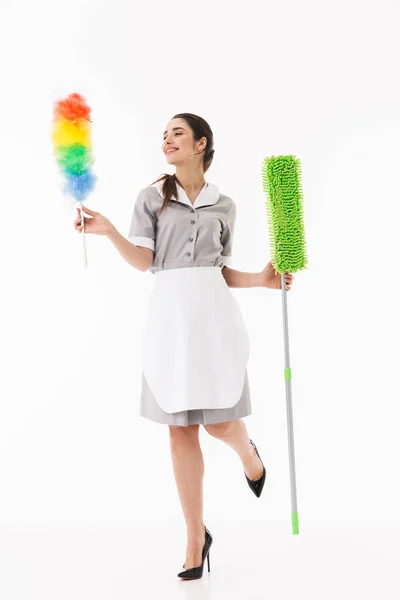 Full Längd Foto Kaukasiska Maid 20S Klädd Uniform Holding Färgglada — Stockfoto