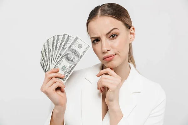 Photo of modern businesswoman 20s wearing elegant jacket holding — Stock Photo, Image