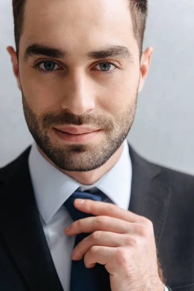 Image closeup of confident businessman 30s in formal suit touchi — Stock Photo, Image