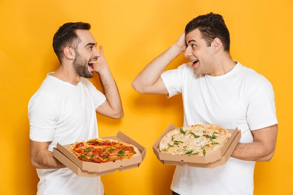 Image of two european men bachelors 30s in white t-shirts smilin — Stock Photo, Image