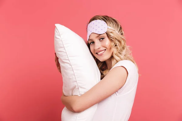 Portrait of pretty young woman 20s wearing sleeping mask holding — Stock Photo, Image