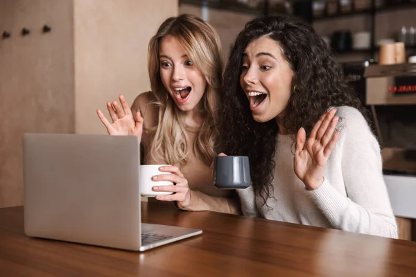 Emocjonalny wstrząśnięty dziewcząt przyjaciele siedzący w kawiarnia przy pomocy laptop rachmistrz. — Zdjęcie stockowe