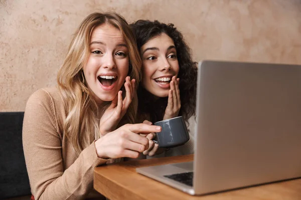 Izgatott boldog csinos lányok barátok ül kávézóban laptop számítógép mutat. — Stock Fotó