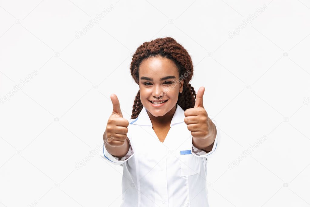 Image of happy african american nurse or doctor woman smiling an