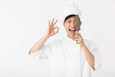 Beyaz aşçı üniforma içinde Asyalı mutlu Şef adam görüntü gülümseyen 