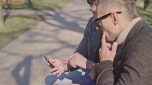Deux Hommes Adultes Attrayants Qui Discutent Aide Smartphones Assis Dans — Video