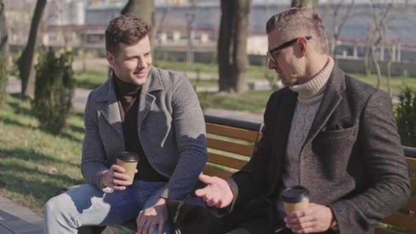 Dois Homens Adultos Elegantes Conversando Bebendo Café Enquanto Sentados Parque — Vídeo de Stock