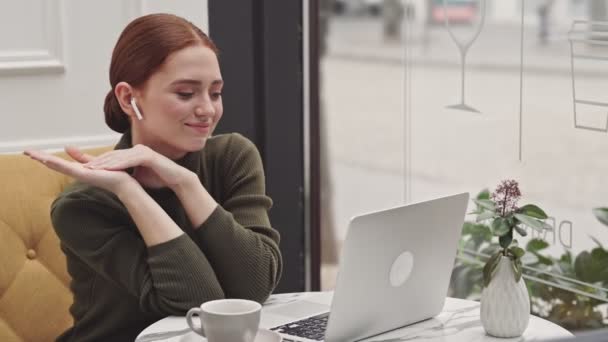 漂亮的年轻红头发的女人有一个视频通话在笔记本电脑坐在咖啡馆 — 图库视频影像