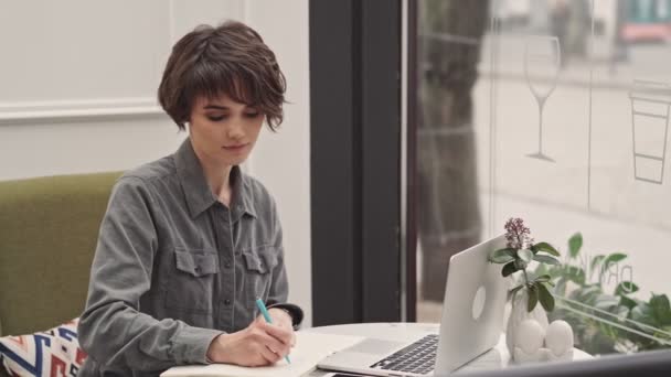 Menina Atraente Observando Algo Bloco Notas Sentado Café — Vídeo de Stock