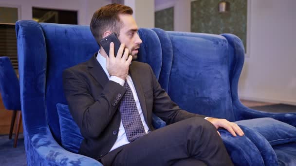 Smiling Bearded Business Man Talking Smartphone While Sitting Armchair Cafe — Stock Video