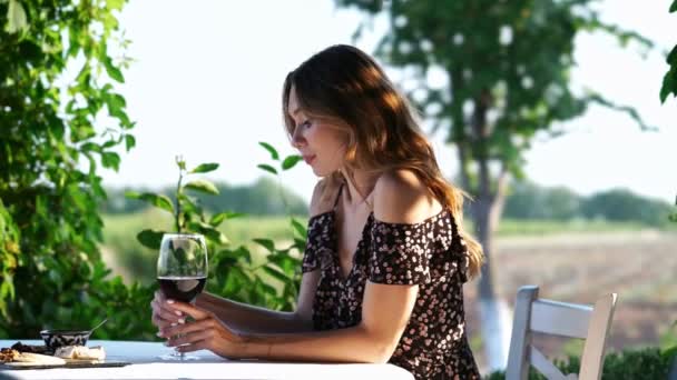 Młoda Piękna Kobieta Siedzi Kawiarni Zewnątrz Polu Winnic — Wideo stockowe