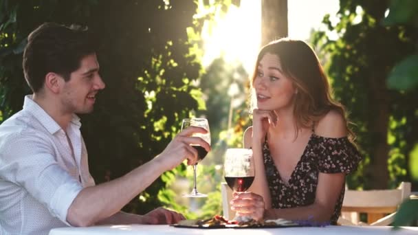お互いに話し合うワインを飲んで屋外に座っている若い愛情のカップルのクローズアップ — ストック動画