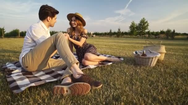 Jong Gelukkig Liefdevolle Paar Zittend Buiten Picknick Het Veld Wijn — Stockvideo