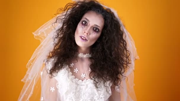 Crazy Dead Bride Halloween Wearing Wedding Dress Makeup Looking Camera — Stock Video