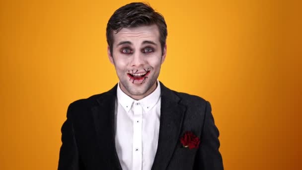 Happy Crazy Dead Bridegroom Halloween Makeup Rejoices Looking Camera Orange — Stock Video