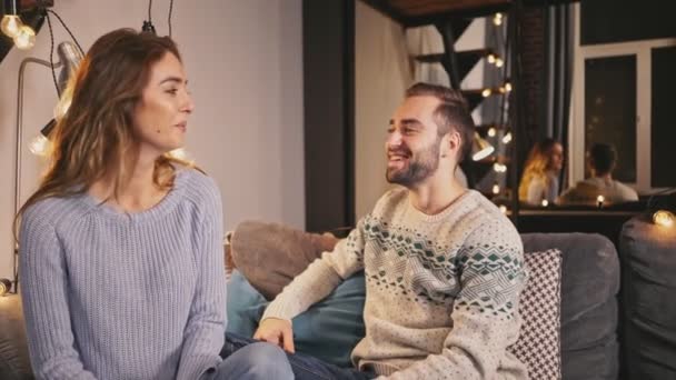 Happy Lovely Couple Talking While Spending Romantic Evening Together Home — Stock Video