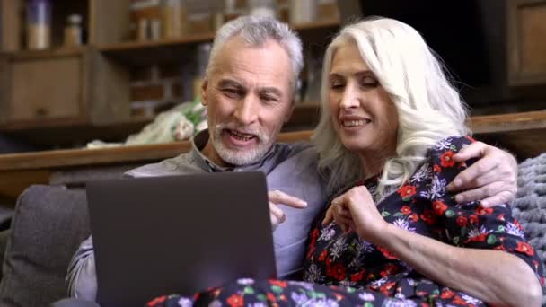 Alegre Pareja Elegante Ancianos Sentados Juntos Sofá Hablando Por Videollamada — Vídeos de Stock
