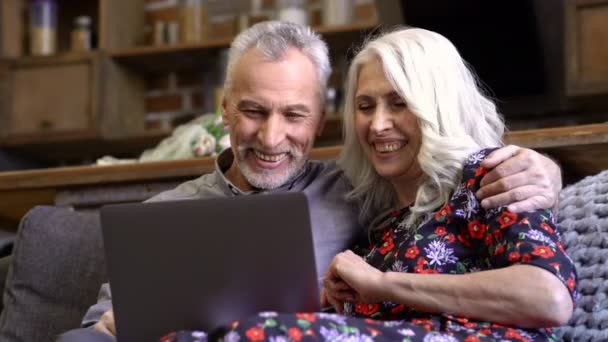 Heureux Couple Élégant Âgé Assis Ensemble Sur Canapé Parlant Par — Video