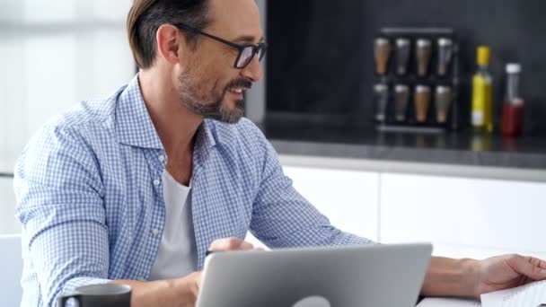 Happy Mature Man Shirt Eyeglasses Sitting Table Working Laptop Computer — Stock Video