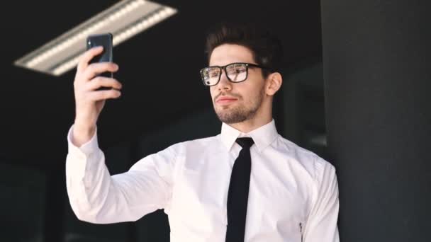 Smiling Businessman Dressed Formal Suit Eyeglasses Making Selfie Smartphone While — Stock Video