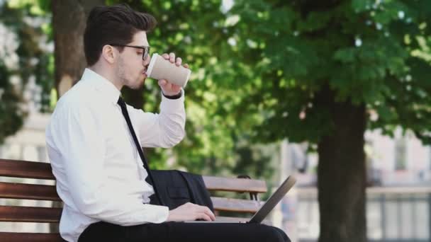 Vista Lateral Del Hombre Negocios Sonriente Vestido Con Traje Formal — Vídeo de stock