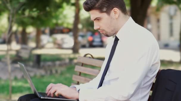 公園のベンチに座っている間 ラップトップコンピュータを使用してフォーマルなスーツを着た深刻なビジネスマンの側面図 — ストック動画