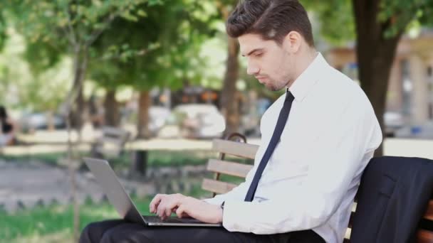 Side View Concentrated Businessman Dressed Formal Suit Using Laptop Computer — Stock Video