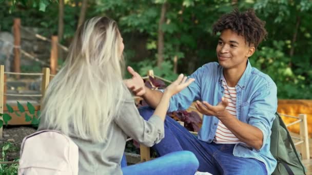 Alegre Joven Pareja Multiétnica Hablando Mientras Pasan Tiempo Juntos Parque — Vídeo de stock