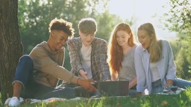 公園で屋外に座りながら 一緒に楽しみ ラップトップコンピュータを使用して楽しむ陽気な多民族の学生のグループ — ストック動画