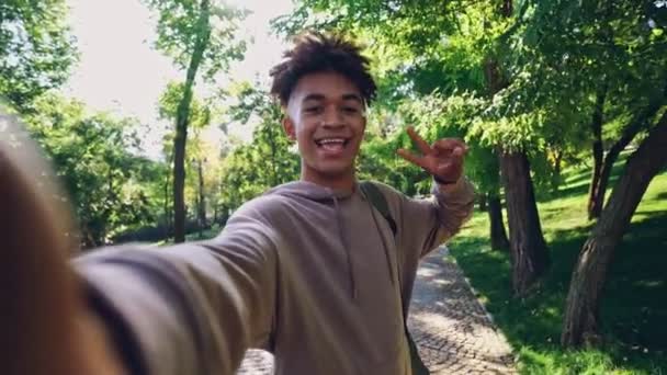 Homme Africain Joyeux Faisant Selfie Tout Marchant Extérieur Dans Parc — Video