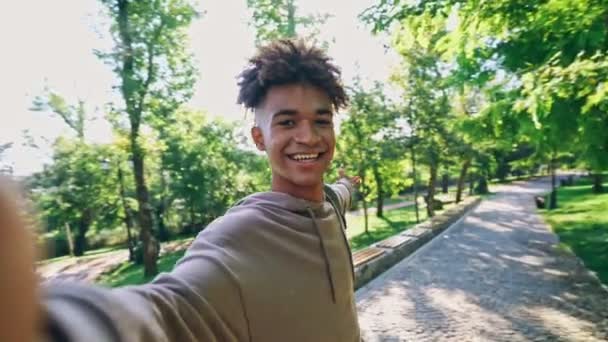 Vrolijke Afrikaanse Man Maken Selfie Tijdens Het Wandelen Buiten Park — Stockvideo