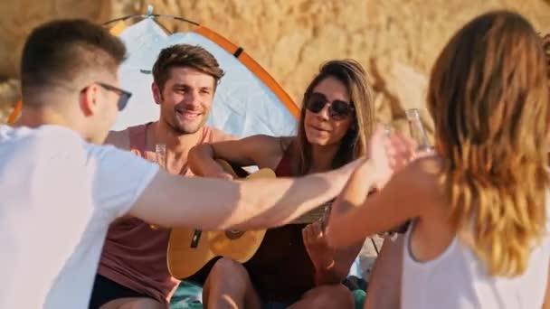 Grupo Jóvenes Amigos Satisfechos Bebiendo Cerveza Divirtiéndose Juntos Playa Cerca — Vídeo de stock