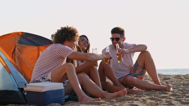 ビールを飲み 海の近くのビーチで一緒に楽しい時間を過ごしている若い陽気な友人のグループ — ストック動画