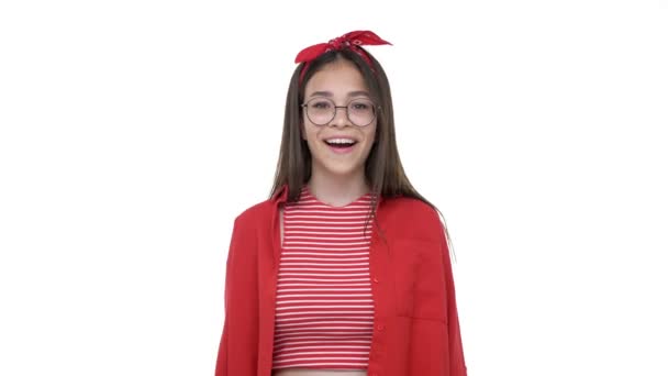 Surprised Young Girl Red Shirt Waving Hand Camera White Background — Stock Video
