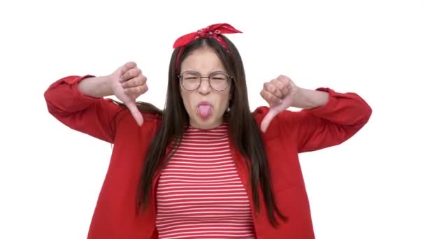 Pretty Unhappy Young Girl Red Shirt Making Thumbs Gesture Showing — Stock Video