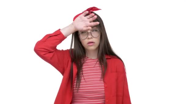 Displeased Young Brunette Girl Red Shirt Becoming Tired While Looking — Stock Video