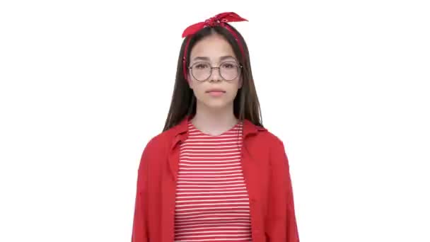 Vrolijke Jonge Brunette Meisje Rood Shirt Verrassend Schokkend Van Het — Stockvideo