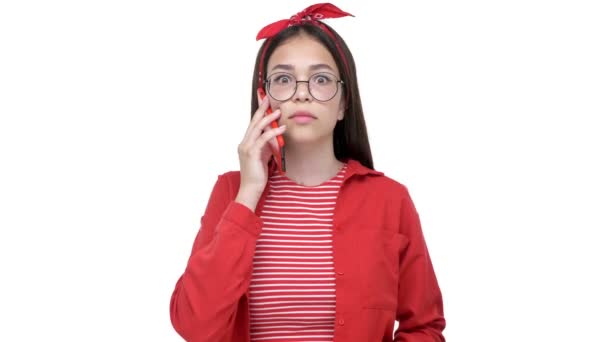 Happy Young Brunette Girl Red Shirt Smiling Making Winner Gesture — Stock Video