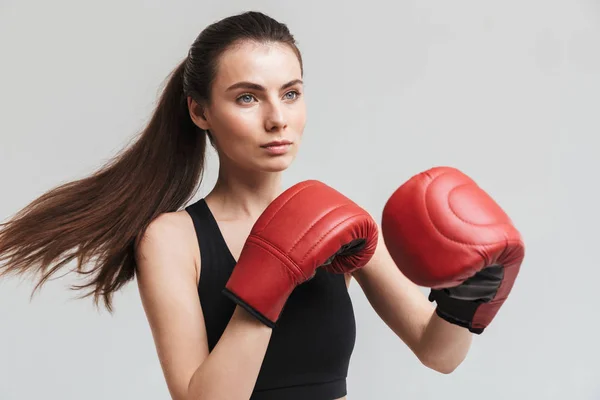 Fiatal sport fitness nő bokszoló elszigetelt több mint szürke fal háttérben, hogy gyakorolja a kesztyűt. — Stock Fotó