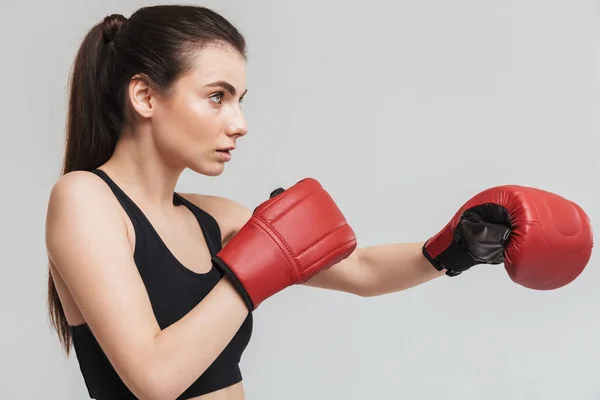 Young Sport Fitness vrouw Boxer geïsoleerd over grijze muur achtergrond maken oefeningen in handschoenen. — Stockfoto