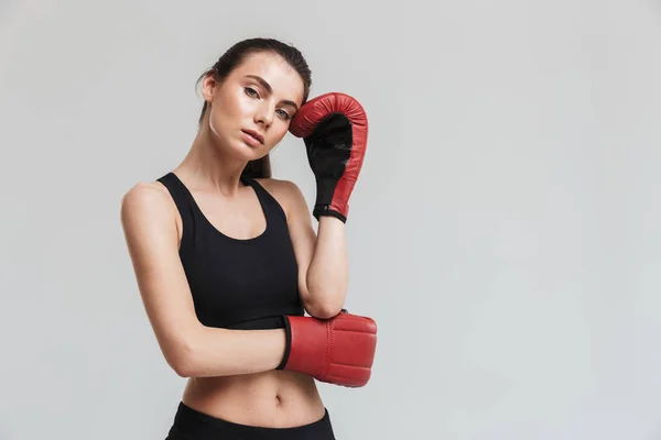 Joven deporte fitness mujer boxeador aislado sobre fondo gris de la pared hacer ejercicios en guantes . — Foto de Stock