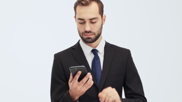 Handsome Young Businessman Black Suit Blue Tie Becoming Angry Screaming — Stock Video