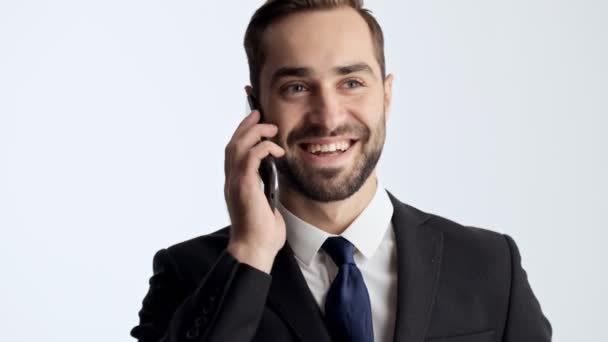 Jovem Empresário Feliz Terno Preto Gravata Azul Sorrindo Rindo Ter — Vídeo de Stock