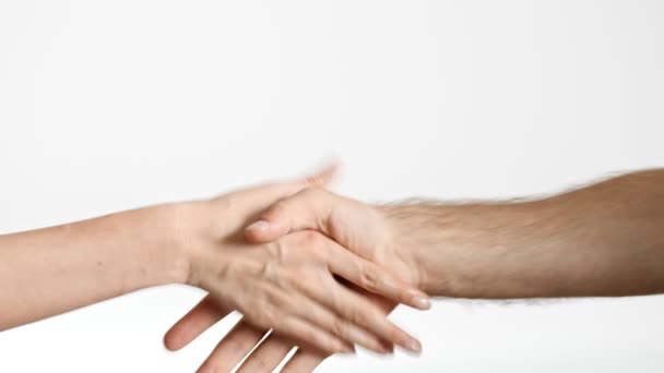 Cropped View Man Woman Hands Shaking White Background Isolated — Stock Video