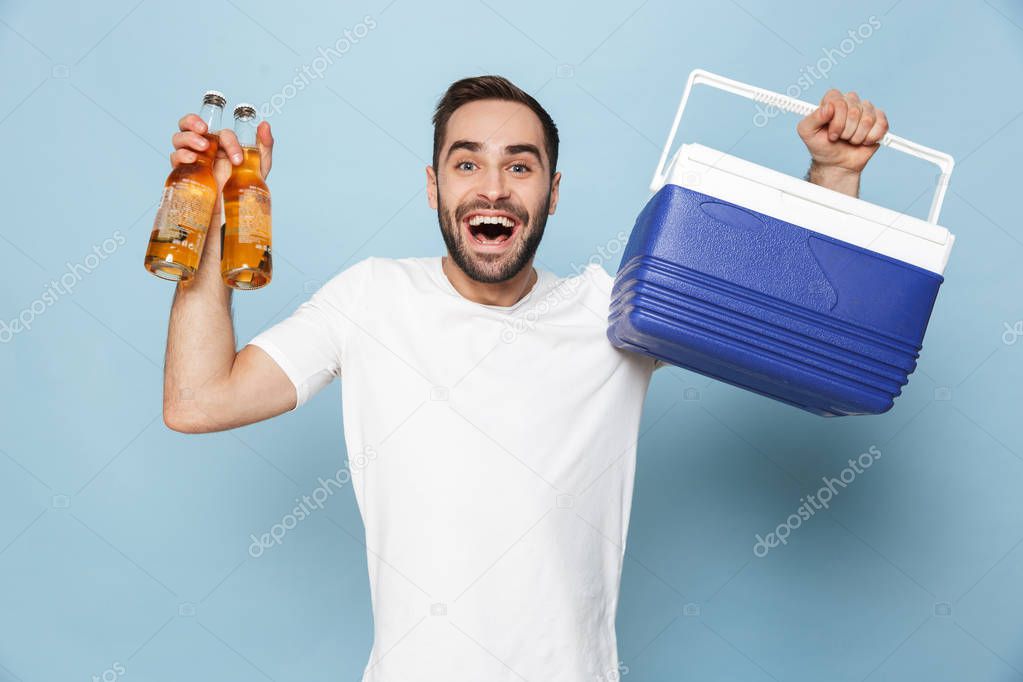 Photo of happy caucasian man in casual white t-shirt laughing wh