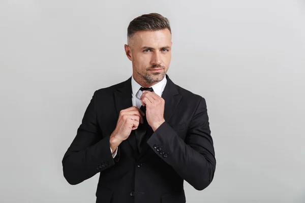 Image of masculine adult businessman in formal suit straightening his tie — Stock Photo, Image