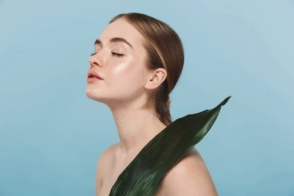 Hermosa mujer joven cuidar de su piel aislada sobre fondo de pared azul posando con flor de la hoja . — Foto de Stock