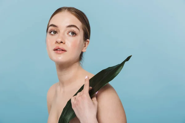 아름다운 젊은 여자는 잎 꽃과 함께 포즈 푸른 벽 배경을 통해 고립 된 그녀의 피부를 돌봐. — 스톡 사진