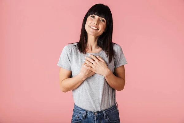 Beautiful amazing happy excited woman posing isolated over light pink background wall. — Stock Photo, Image
