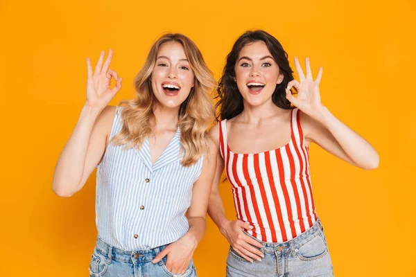 Retrato de dos mujeres rubias y morenas sorprendidas de 20 años en verano llevan sonriendo mientras muestran signo aceptable —  Fotos de Stock